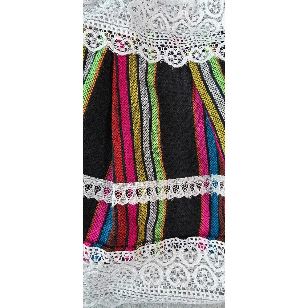 Girls Mexican Folklorico Dress Multi Color Striped Lace Trim Off Shoulder Black